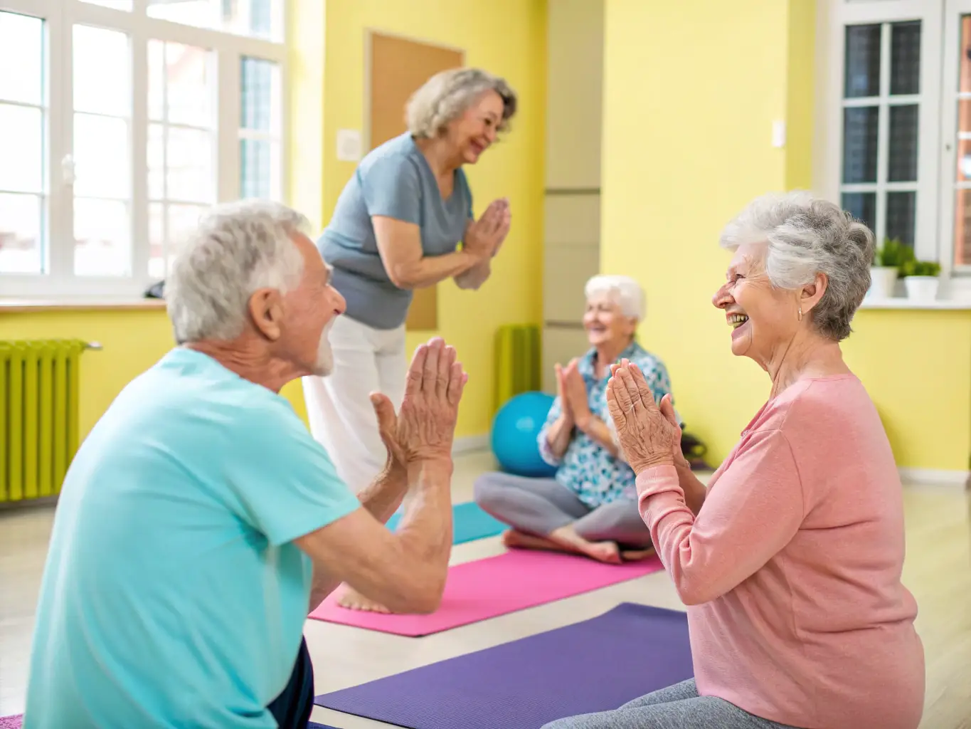 A welcoming scene of seniors participating in a wellness workshop, engaging in gentle exercise and group discussions, with a facilitator guiding the session in a bright, accessible room.