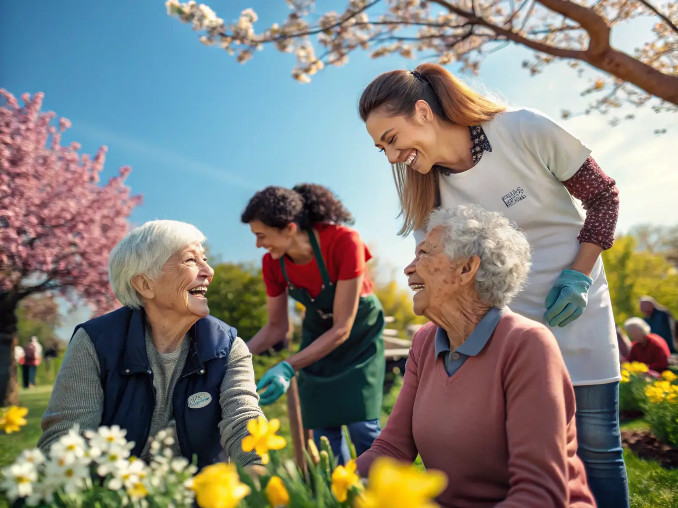 A vibrant photograph of volunteers and elderly community members sharing a joyful moment during a group activity in a sunlit community center, with banners displaying the PLAISIR DE JOUER logo in the background.
