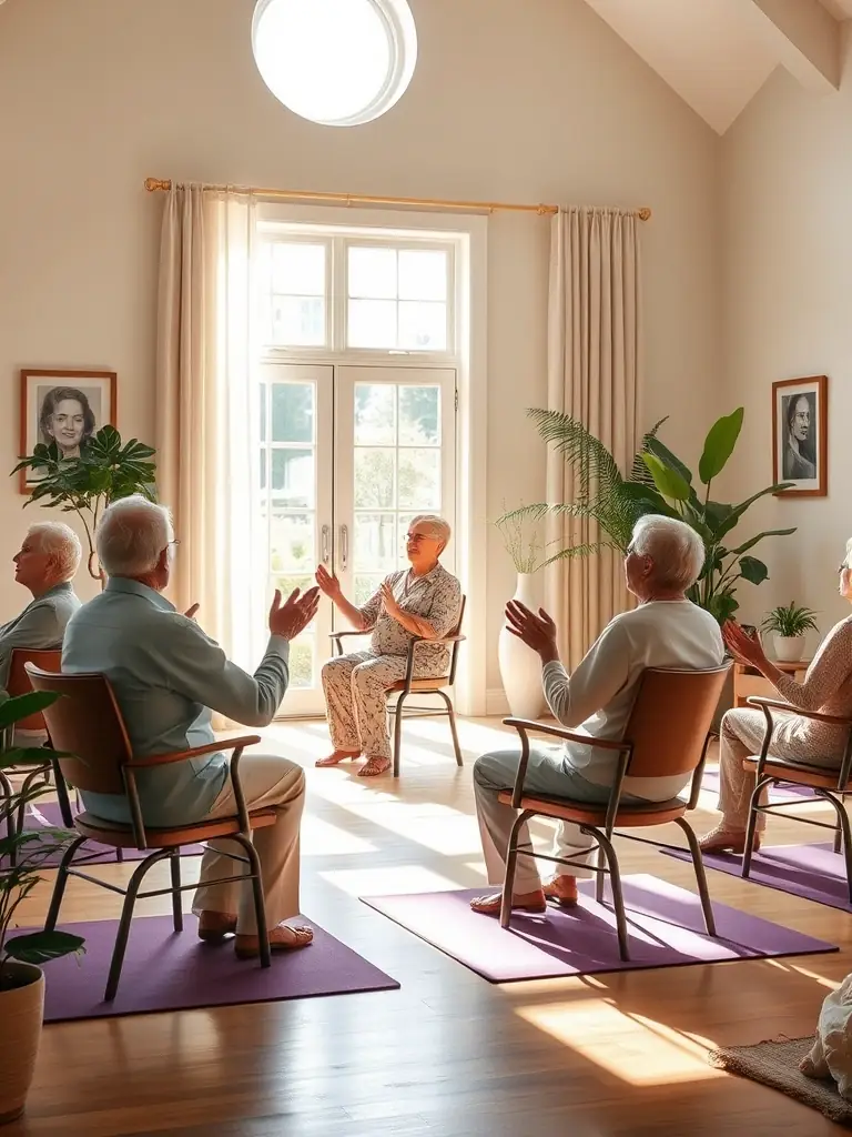 A cozy indoor setting where a volunteer leads a gentle chair yoga session for elderly participants, with everyone following along and stretching comfortably.