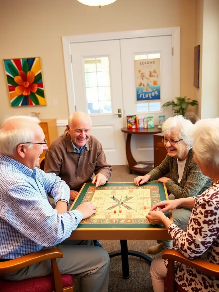 A group of volunteers and elderly participants gathered around a table, engaging in a lively board game session in a bright community center, fostering intergenerational connection.