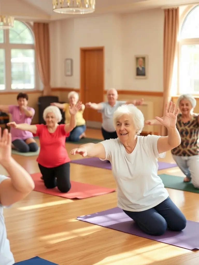 A candid image of seniors and volunteers engaging in a group fitness session, with mats and wellness posters visible, set in a bright community center.