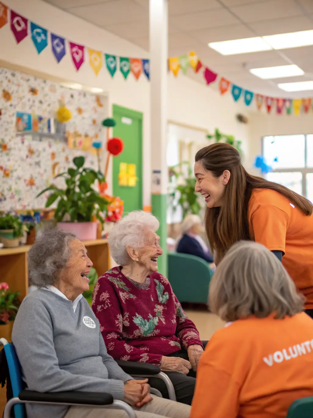 A warm image of elderly residents and volunteers sharing a meal and laughter at a festive holiday luncheon, with decorations and gift baskets on the tables.