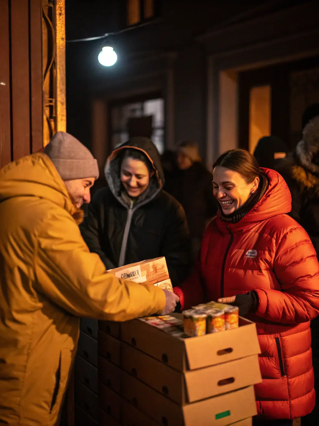 A vibrant image of volunteers organizing and distributing care packages to people in need, with visible teamwork and compassion, set in a welcoming community center.
