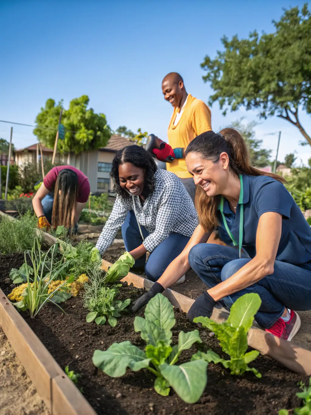 A cheerful outdoor scene with volunteers assisting elderly individuals in planting flowers and vegetables in raised garden beds, everyone smiling and working together.