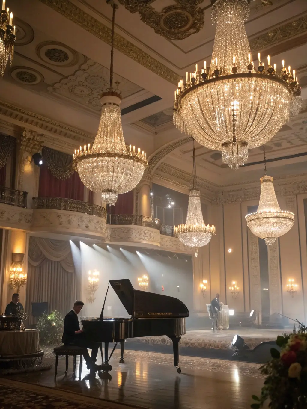 A festive hall decorated for a charity gala, with elegantly dressed guests, a stage for speeches, and tables set for dinner, capturing the spirit of a fundraising event.