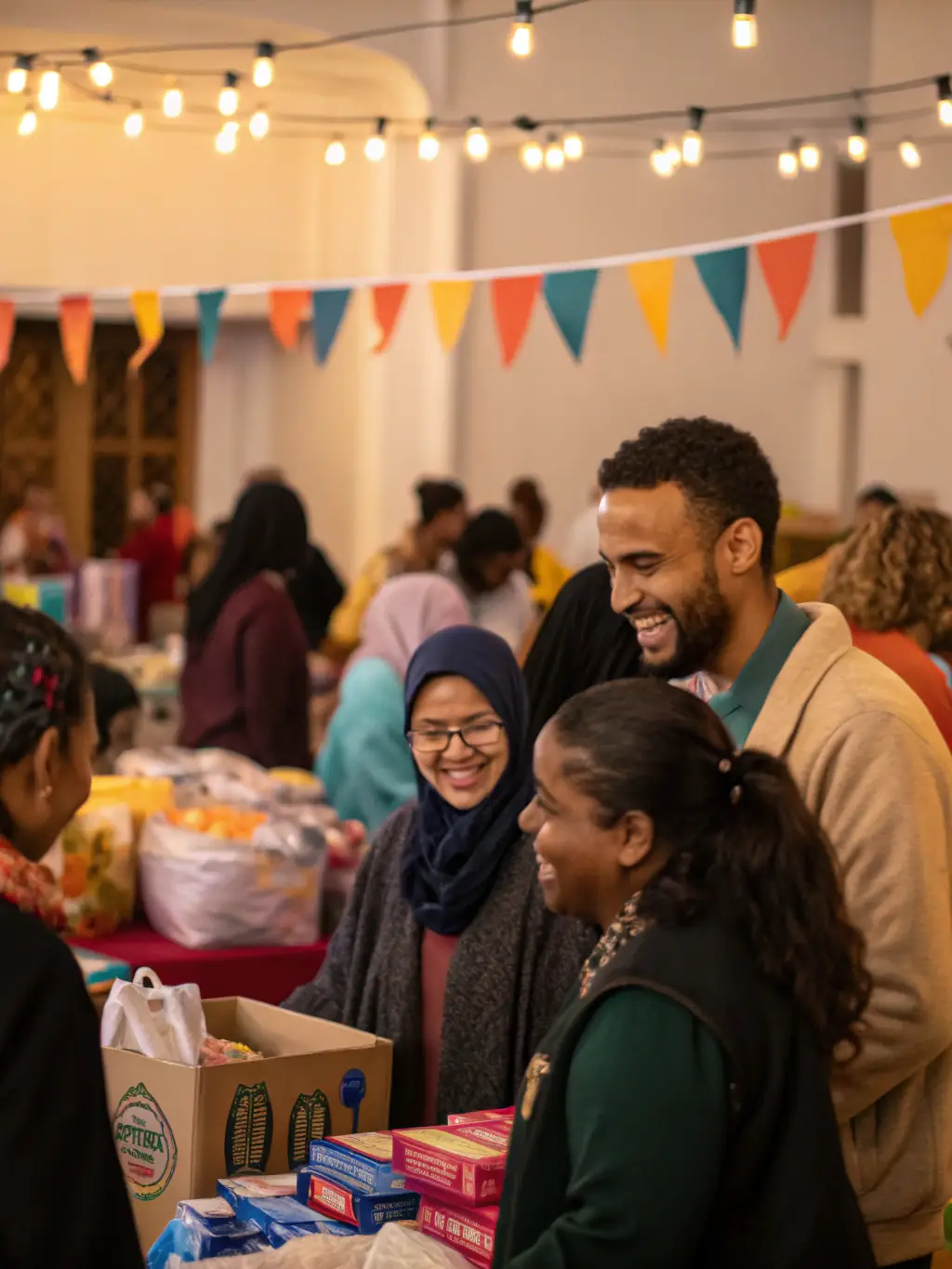 A vibrant photograph of community members gathered at a decorated hall, smiling and applauding during a charity gala dinner, with banners displaying the PLAISIR DE JOUER logo in the background.
