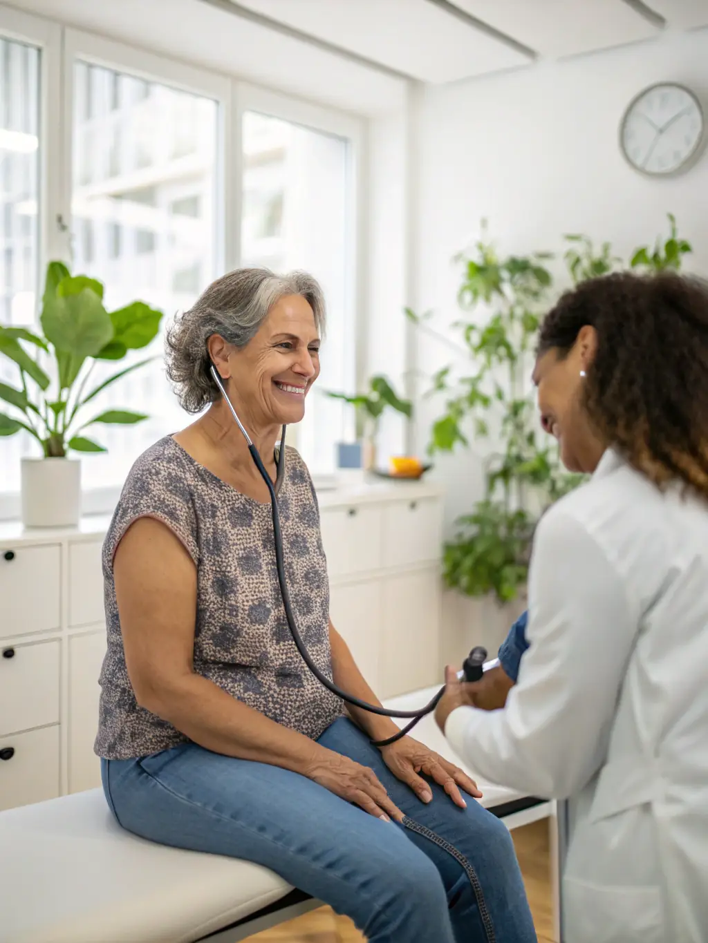 A touching portrait of an elderly woman receiving a wellness checkup from a caring volunteer nurse, both smiling, in a bright, friendly environment.