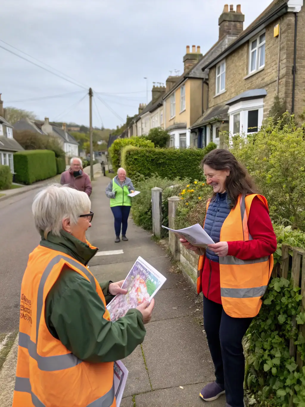 A dynamic photo of volunteers at an outdoor booth, handing out flyers and welcoming new participants during a sunny community volunteer drive.